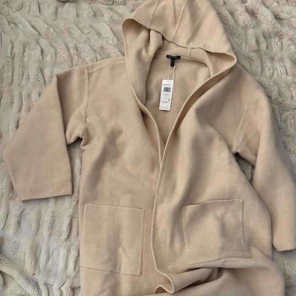 Gorgeous and timeless Eileen Fisher cozy almond/cream wool hooded coat